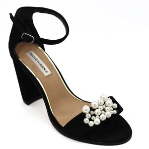 Saks Fifth Avenue Sandals Women 6.5 Black Suede Pearl Block Heel Ankle Strap